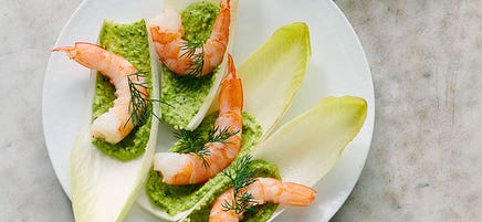 Shrimp with green hummus & endive