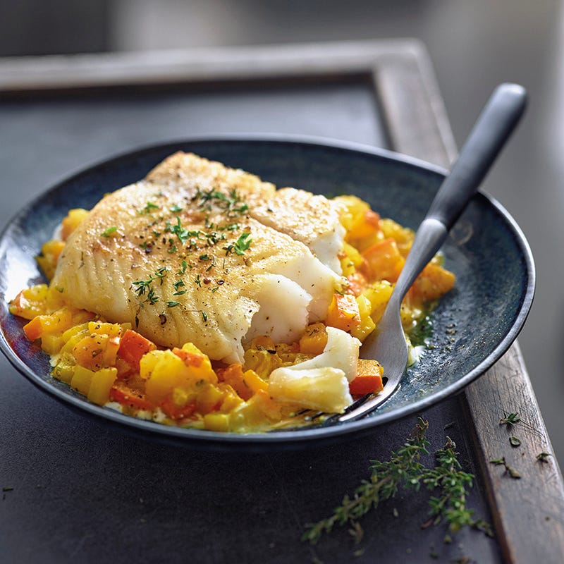 Aardappel pompoenrisotto met snoekbaars