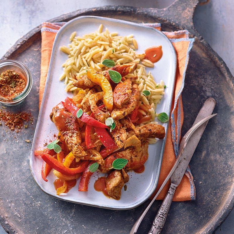 Paprika-Gyros mit griechischen Nudeln