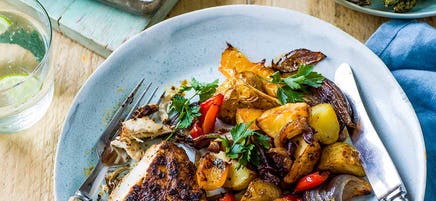 Blackened chicken & Jersey Royal traybake