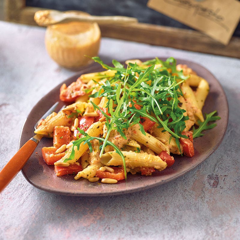 Penne mit Linsenpesto und Rucola