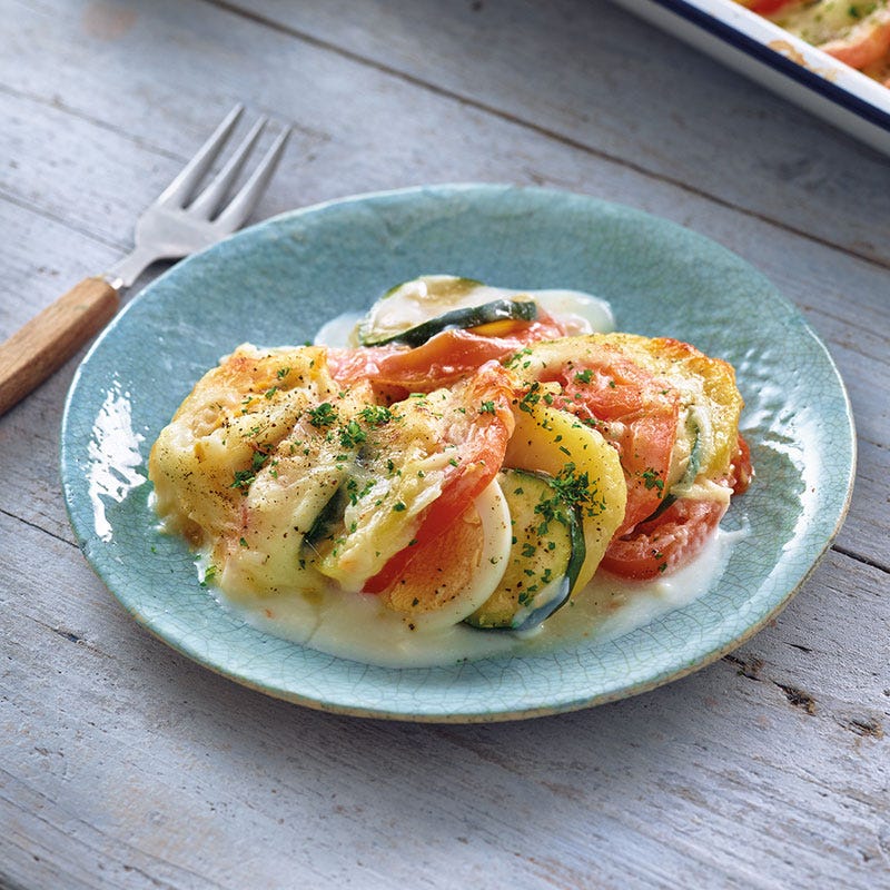 Kartoffel-Ei-Gratin mit Tomaten und Zucchini