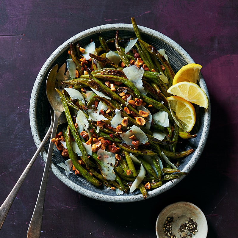 Roasted green beans with toasted hazelnuts and shaved Pecorino