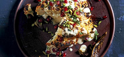 Whole Roasted Cauliflower with Tahini, Mint, Pistachios and Pomegranate Seeds