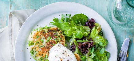 Pea & potato fritters with poached eggs
