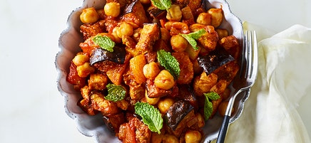 Moroccan chicken tagine with eggplant, peppers, and chickpeas