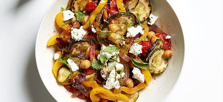 Chickpea and zucchini sauté with mint and feta