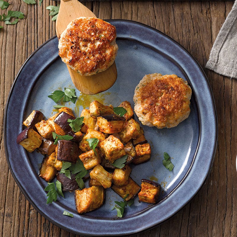 Geflügeltätschli mit gerösteter Aubergine