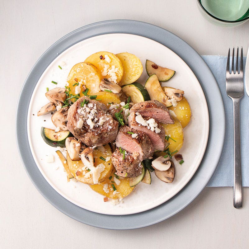 Gratinierte Schweinemedaillons mit Champignongemüse