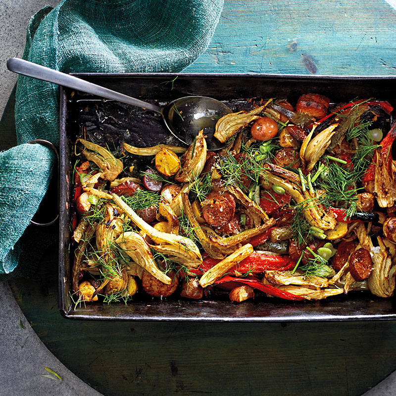 One-pan roasted fennel with potato, peppers, and chicken chorizo