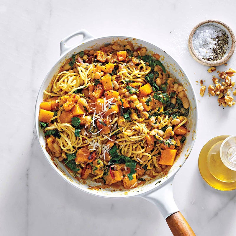 Spaghetti with butternut squash, white beans, & kale