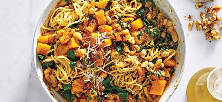 Spaghetti with butternut squash, white beans & kale