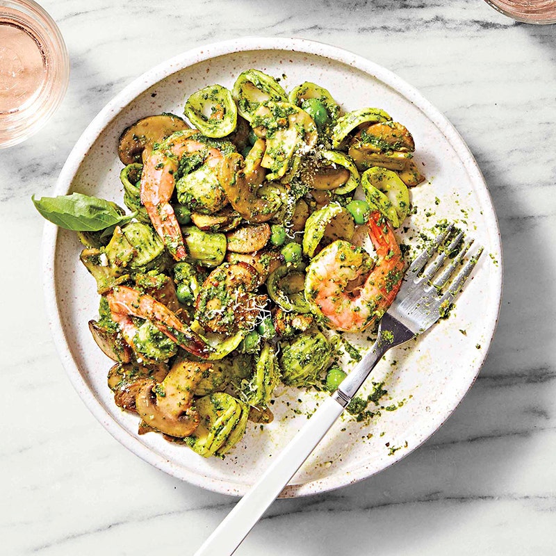 Spinach-pesto orecchiette with shrimp & mushrooms