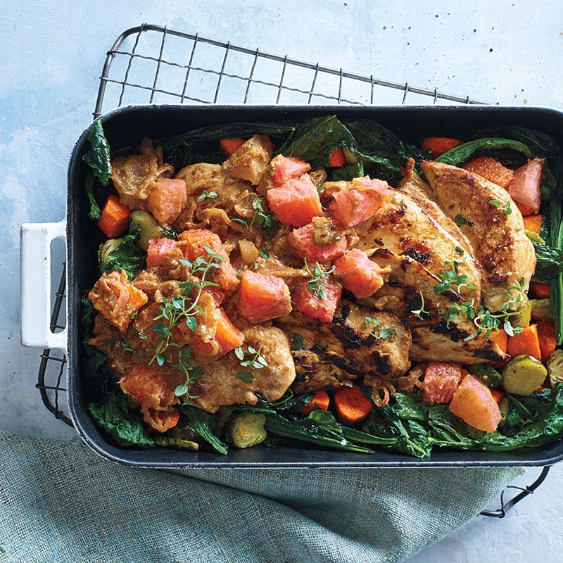 Pan-roasted grapefruit chicken with thyme jus