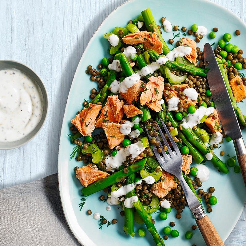 Salmon, asparagus and lentil salad