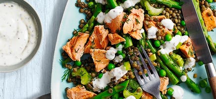 Salmon, asparagus and lentil salad