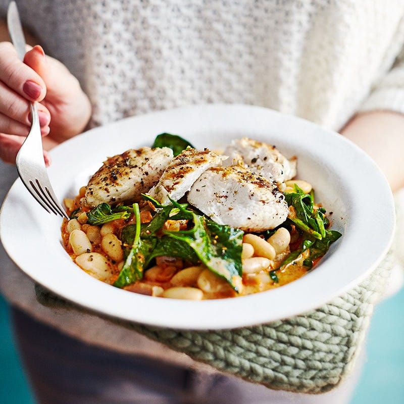 Chargrilled chicken with smoky beans and spinach