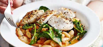Chargrilled chicken with smoky beans and spinach