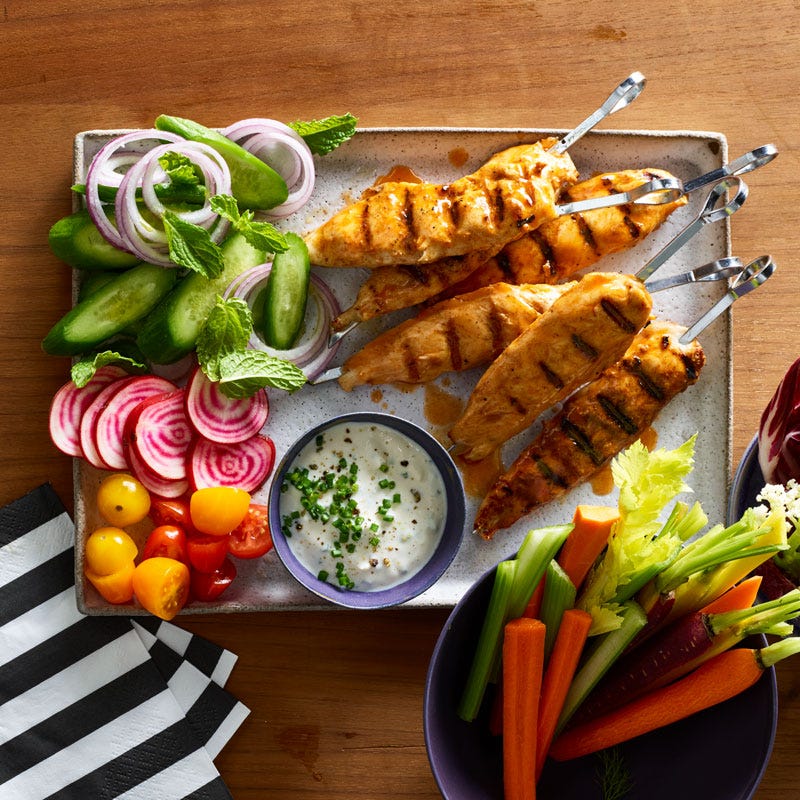 Buffalo chicken skewers with blue cheese dipping sauce