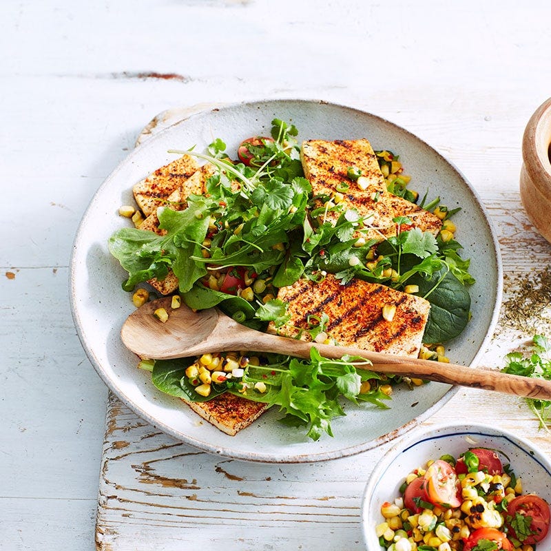 Cajun-style tofu with corn salsa