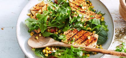Cajun-style tofu with corn salsa