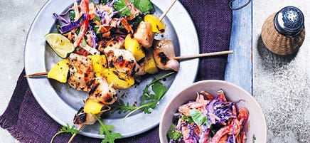 Chicken and mango kebabs with coleslaw