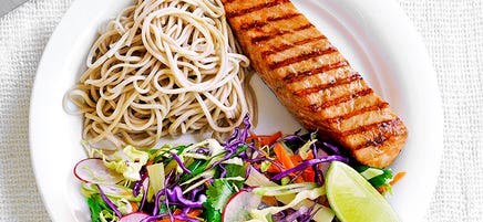 Grilled salmon with soba noodles and Asian slaw