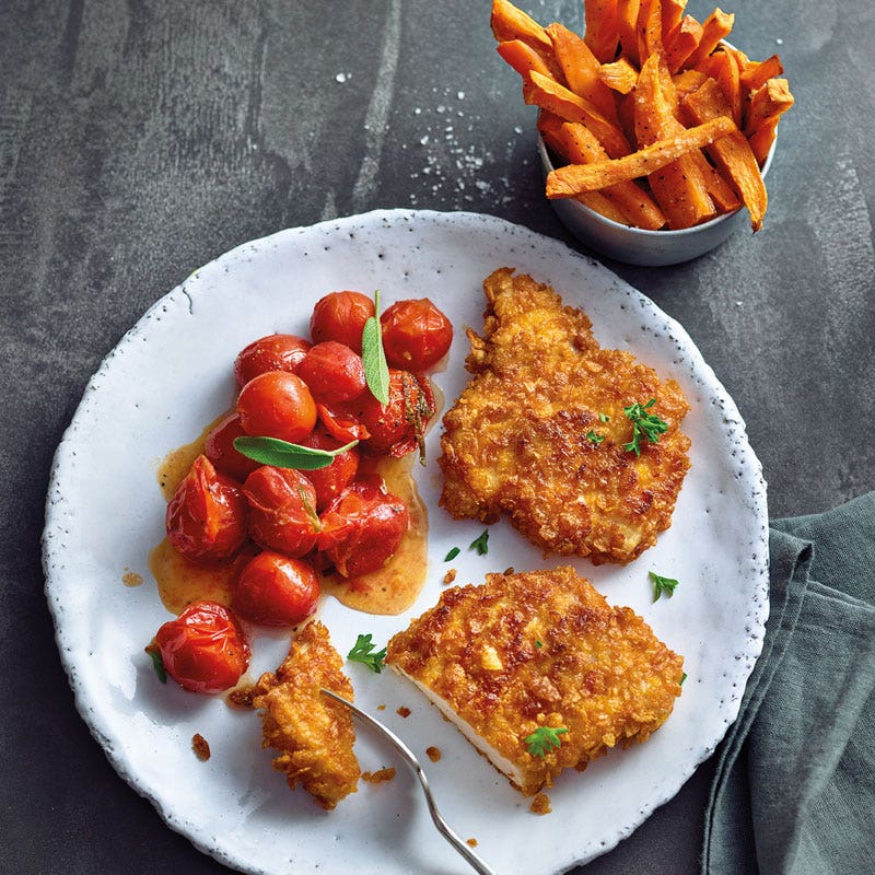 Knusperschnitzel mit Salbeitomaten