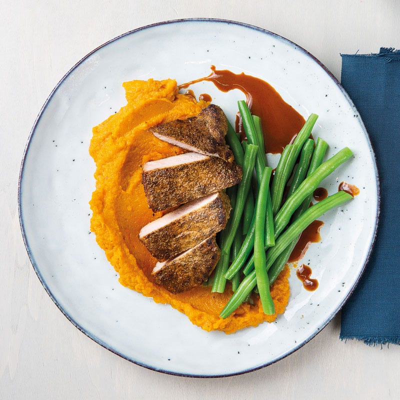 Steaks in Rahmsauce mit Kürbispüree und Buschbohnen
