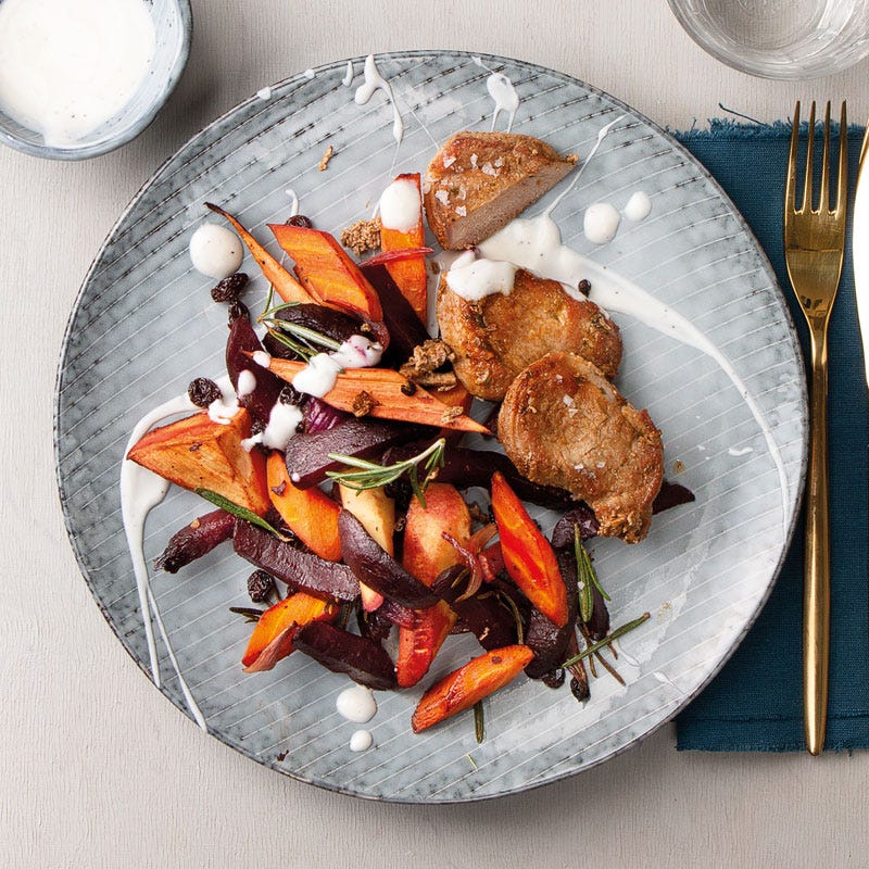 Schweinefilet mit in Balsamico glasiertem Wurzelgemüse