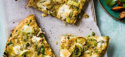 Baked pea, leek & goat’s cheese omelette