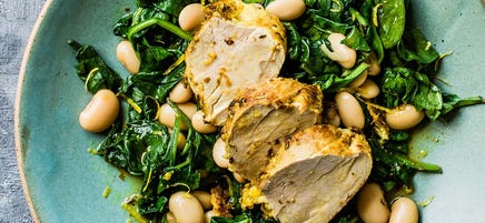 Zesty pork with spinach & butter beans