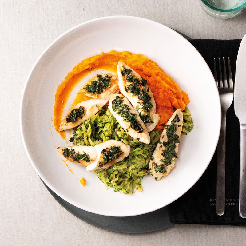 Kräuterpoulet mit Rüebli-Süsskartoffel-Stock