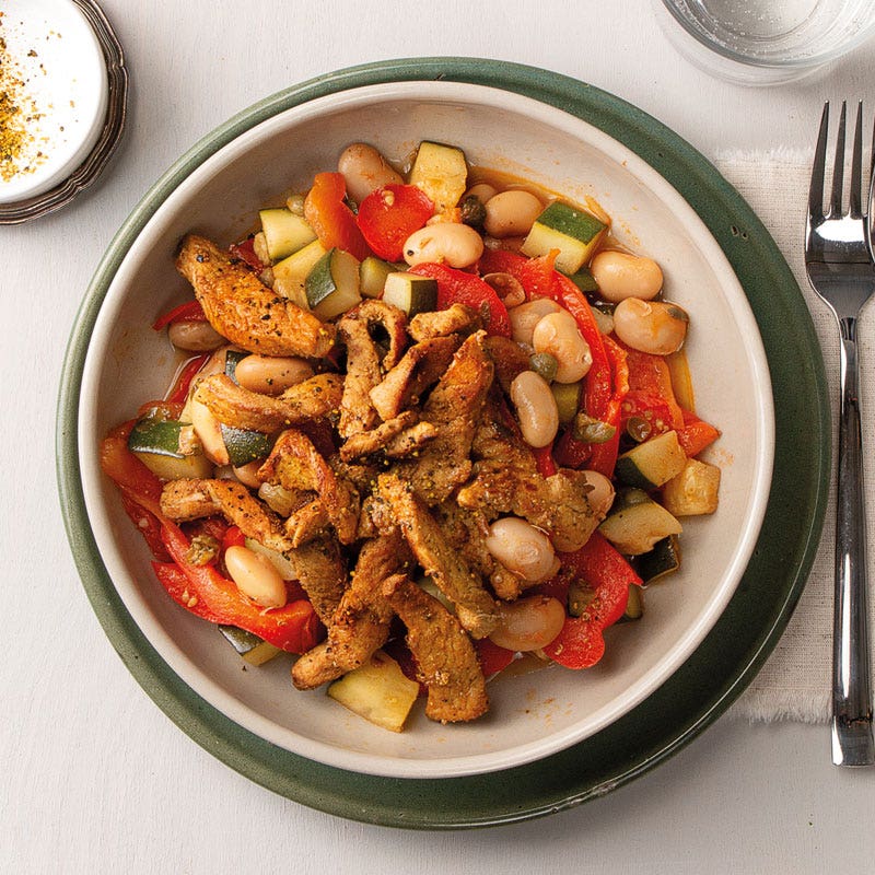 Süß-saurer Schweinerücken mit weißen Bohnen-Caponata