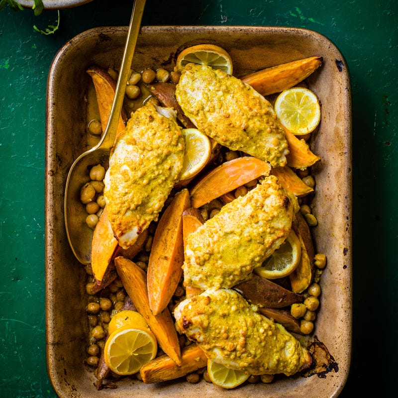 Photo of Curried chicken, sweet potato & chickpea traybake by WW