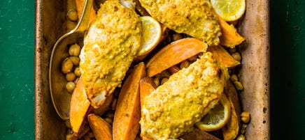 Curried chicken, sweet potato & chickpea traybake