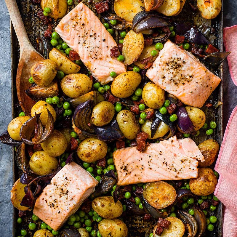 Photo of Roast salmon with peas, potatoes & chorizo by WW