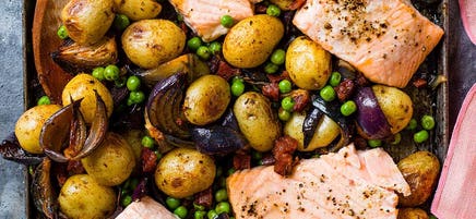 Roast salmon with peas, potatoes & chorizo