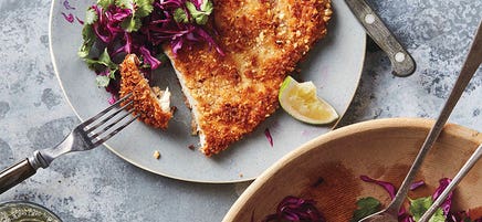 Almond chicken schnitzel with tangy coleslaw