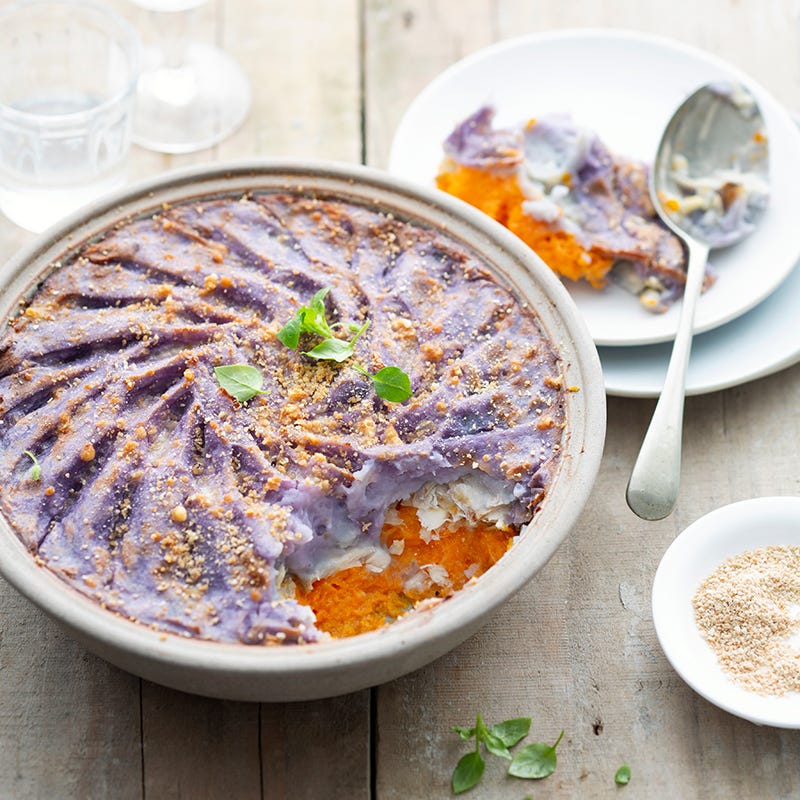Gratin de vitelotte, carottes et lieu noir