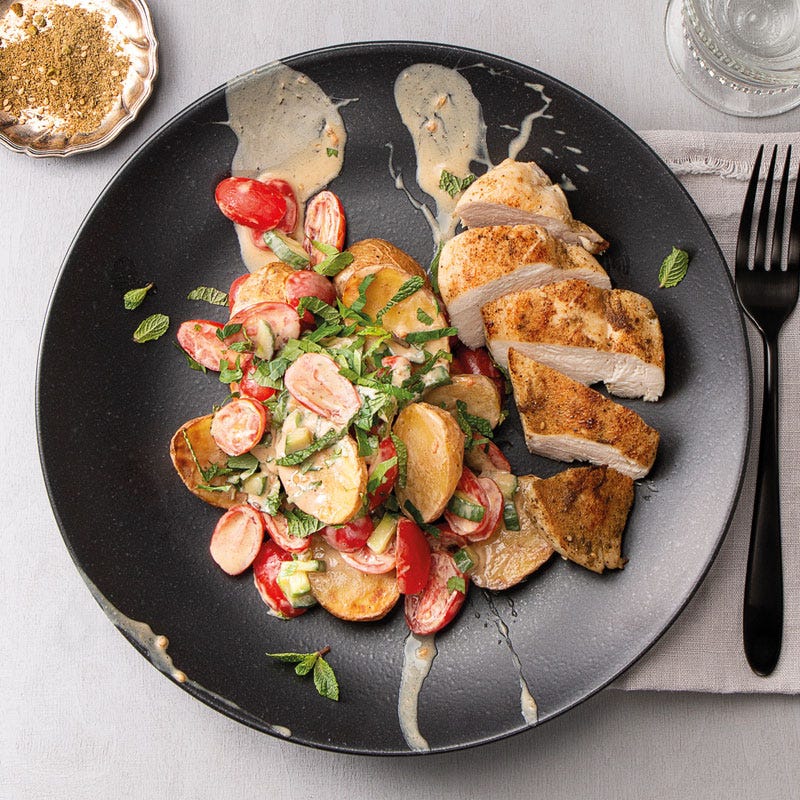 Dukkah-Hähnchen mit orientalischem Kartoffelsalat