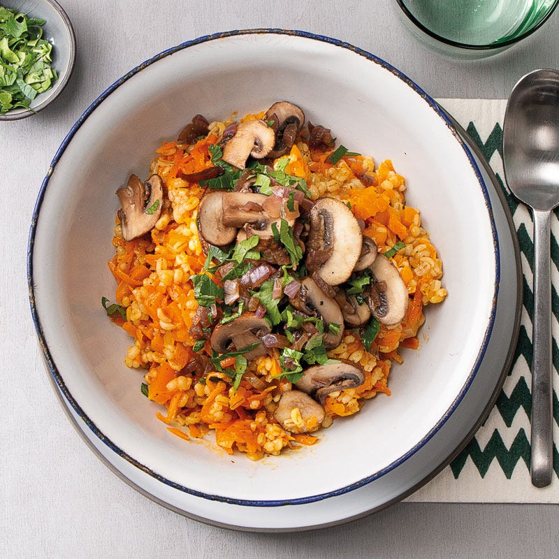 Perlgraupen-Risotto mit Paprika und gebratenen Champignons