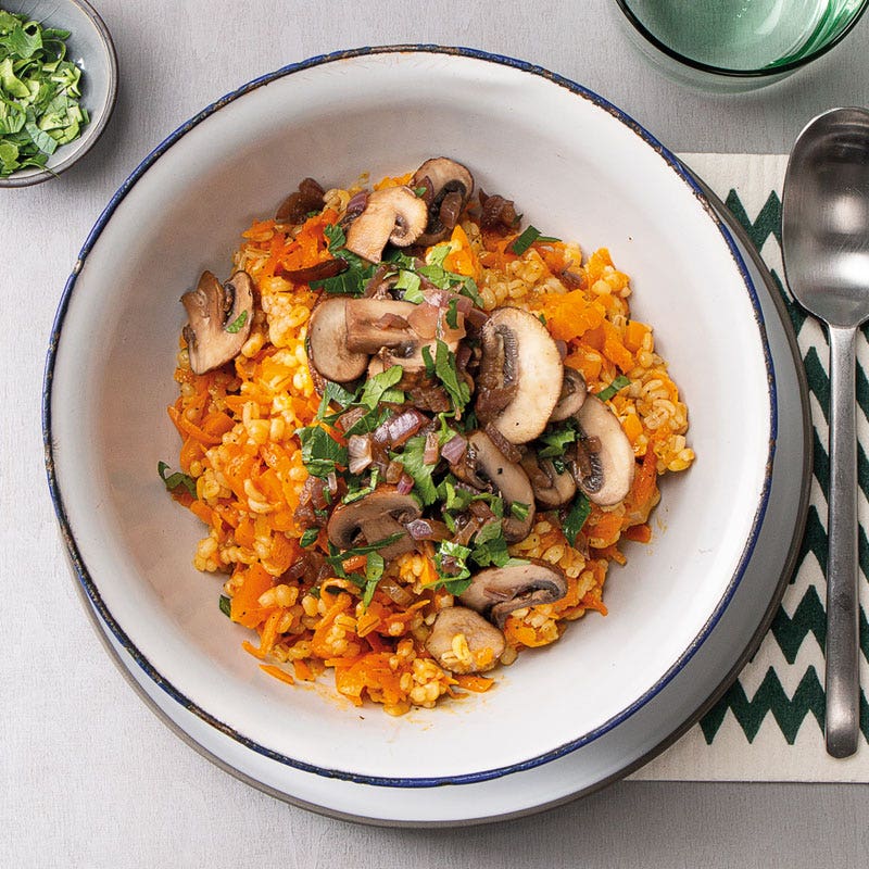 Perlgraupen-Risotto mit Paprika und gebratenen Champignons