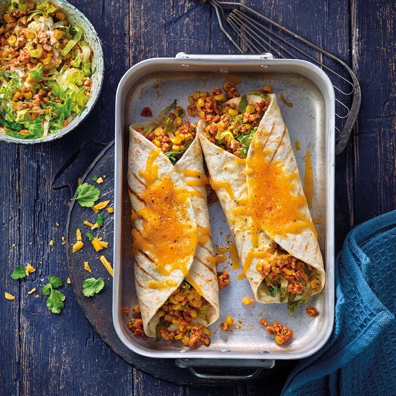 Überbackene Hähnchenburritos mit Mais