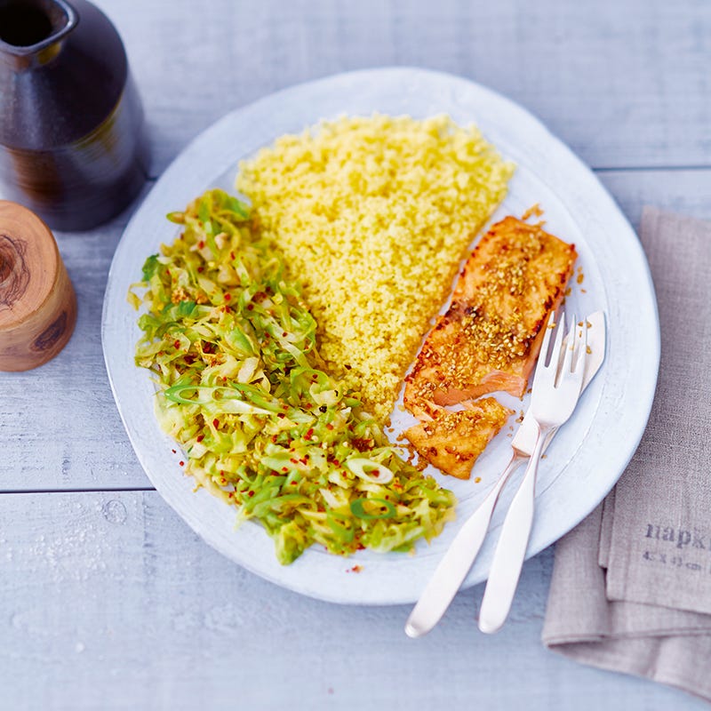Photo de Saumon au sésame, chou pointu et semoule prise par WW