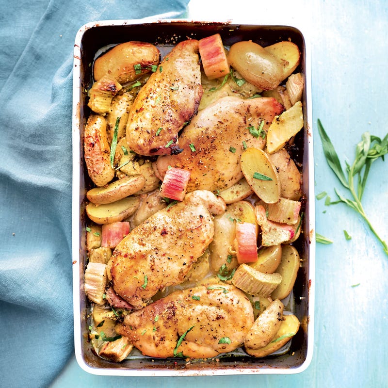 Poulet rôti a la rhubarbe et grenailles
