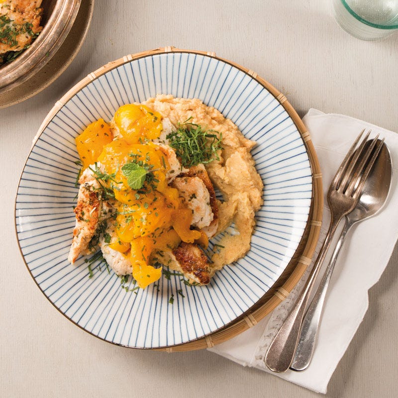 Joghurt-Poulet mit Mango und Hummus