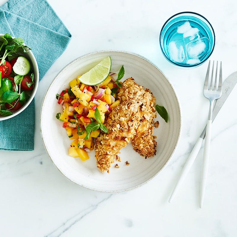 Chip-crusted chicken with mango salsa