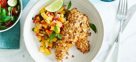 Chip-crusted chicken with mango salsa