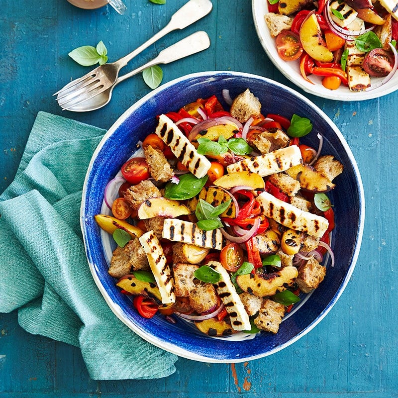 Haloumi peach panzanella salad